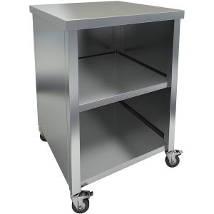 The stainless steel base, closed from 3 sides, has a solid table top and a shelf